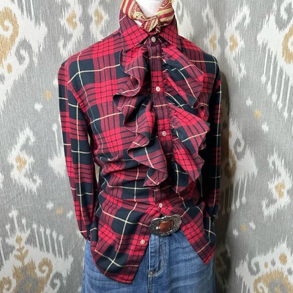 Ralph Lauren Wallace Tartan Ruffle Neck Flannel Button Up L/S Blouse - Picture 1 of 16